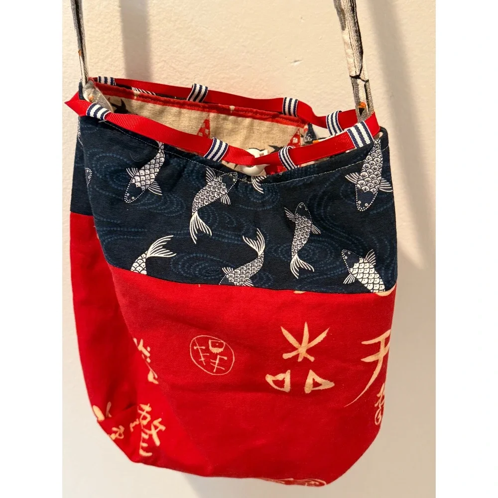 Vintage Handmade Japanese Komebukuro Reversible Rice Bag Crossbody Purse